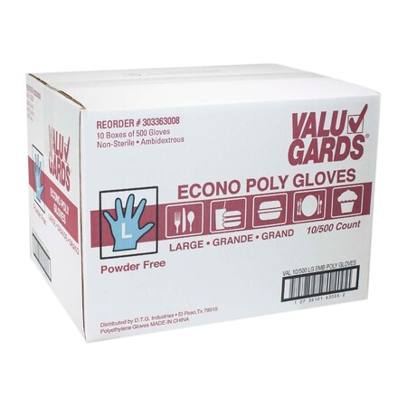 Valugards Econo Poly, Disposable Gloves, Poly, L, 5000 PK, Clear 303363008